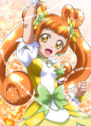 Rule 34 | 1girl, :d, arm up, bow, breasts, brooch, brown hair, choker, clenched hand, clover earrings, cure rosetta, dokidoki! precure, dress, floating hair, green bow, green choker, hair bow, hanzou, heart, heart brooch, highres, layered dress, long hair, medium breasts, open mouth, precure, short sleeves, smile, solo, standing, twintails, very long hair, white sleeves, yellow dress, yellow eyes