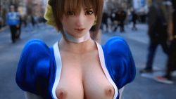 Rule 34 | 1girl, 3d, animated, animated gif, bouncing breasts, braid, breasts, breasts out, brown eyes, brown hair, city, dead or alive, gimp, incise soul, japanese clothes, kasumi (doa), large breasts, looking at viewer, lowres, m-rs, no bra, open clothes, outdoors, panties, public indecency, road, smile, street, tecmo, underwear