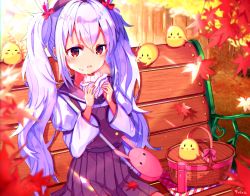 Rule 34 | 1girl, :d, ahoge, alternate costume, animal ears, autumn, autumn leaves, azur lane, bag, baozi, bench, bird, blurry, blush stickers, casual, chick, commentary request, contemporary, depth of field, fake animal ears, food, food on face, forest, hair between eyes, handbag, hat, holding, holding food, kyarameru76, laffey (azur lane), leaf, light purple hair, long hair, looking at viewer, manjuu (azur lane), maple leaf, nature, open mouth, park bench, picnic basket, rabbit ears, red eyes, sitting, smile, thermos, tree, twintails