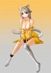 Rule 34 | 1girl, absurdres, animal ear fluff, animal ears, anklet, arknights, between legs, boots, breasts, cat ears, cat girl, cat tail, collarbone, colored inner hair, full body, ghosty (xiaobai), gradient background, grey background, hair bun, hairband, hand between legs, highres, infection monitor (arknights), invisible chair, jacket, jewelry, kazemaru (arknights), knee boots, large breasts, long sleeves, multicolored hair, nipples, open clothes, open jacket, parted lips, purple eyes, purple hair, side bun, silver hair, single hair bun, single knee boot, single side bun, single thigh boot, sitting, solo, tail, thigh boots, thighhighs, topless, two-tone hair, v-shaped eyebrows, white footwear, white hairband, yellow background, yellow jacket