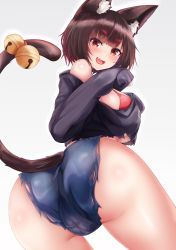 Rule 34 | 1girl, :d, absurdres, animal ears, ass, azur lane, bare shoulders, bell, black shirt, blush, bra, breasts, brown eyes, brown hair, cat ears, cat girl, cat tail, cowboy shot, fang, from behind, from below, happy, highres, large breasts, leaning forward, looking at viewer, looking back, medium hair, off-shoulder shirt, off shoulder, open mouth, red bra, red eyes, ryara, shirt, short shorts, shorts, smile, solo, tail, tail bell, tail ornament, thighs, torn clothes, torn shirt, torn shorts, underboob, underwear, very long sleeves, yamashiro (azur lane), yamashiro (summer offensive?) (azur lane), yamashiro (vacation offensive!) (azur lane)