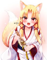 Rule 34 | 1girl, :d, animal ear fluff, animal ears, aoshima kanae, blonde hair, blush, breasts, cleavage, commentary request, fangs, fingernails, food, fox ears, fox girl, fox tail, gradient background, hair ribbon, highres, holding, holding spoon, japanese clothes, kimono, long fingernails, long sleeves, looking at viewer, medium breasts, obi, open mouth, original, parted bangs, pink background, red eyes, red ribbon, ribbon, sash, sharp fingernails, sidelocks, smile, solo, spoon, steam, tail, twitter username, white background, white kimono, wide sleeves, wooden spoon