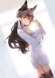 Rule 34 | 1girl, animal ears, asanogawa (tutufcc), atago (azur lane), azur lane, black thighhighs, breasts, brown eyes, brown hair, closed mouth, commentary, dutch angle, from side, garter straps, hair ribbon, hand up, head tilt, highres, jacket, large breasts, long hair, long sleeves, looking at viewer, looking to the side, military jacket, mole, mole under eye, pencil skirt, ribbon, skirt, smile, solo, thighhighs, very long hair, white jacket, white ribbon, white skirt