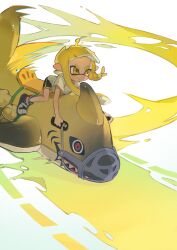 Rule 34 | 1girl, black footwear, black shorts, blonde hair, blush, braid, closed mouth, commentary request, floating hair, grey footwear, highres, inflatable shark, inflatable toy, inkling, inkling girl, inkling player character, long hair, muzzle, nintendo, p-pepper, paint, pointy ears, red footwear, reefslider (splatoon), riding, shark, shirt, shoes, short shorts, short sleeves, shorts, side braid, simple background, single braid, sitting, smile, smirk, sneakers, solo, splatoon (series), splatoon 3, t-shirt, tentacle hair, thick eyebrows, v-shaped eyebrows, white background, white shirt, yellow eyes, yellow theme