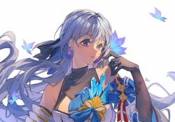 Rule 34 | 1girl, 940869601, bare shoulders, black bow, black gloves, blue butterfly, blue eyes, blue ribbon, blush, bow, breasts, bronya rand, bug, butterfly, butterfly wings, closed mouth, detached sleeves, dress, earrings, elbow gloves, floral print, flying, gloves, grey hair, hair between eyes, hair bow, hand up, honkai: star rail, honkai (series), insect, insect wings, jewelry, large breasts, long hair, long sleeves, looking to the side, purple butterfly, ribbon, simple background, smile, solo, upper body, white background, white dress, wide sleeves, wings