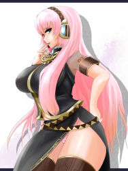Rule 34 | 1girl, artist request, blue eyes, breasts, female focus, finger in own mouth, gradient background, hand on own hip, headphones, hip focus, large breasts, long hair, megurine luka, nail polish, pink hair, see-through, solo, thighhighs, vocaloid, white background