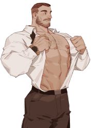 Rule 34 | 1boy, abs, absurdres, bara, bare pectorals, beard, belt, brown hair, brown pants, character request, check character, check copyright, chest hair, collared shirt, copyright request, cowboy shot, facial hair, groin, highres, horikwawataru, large pectorals, male focus, mature male, muscular, muscular male, navel, navel hair, nipples, open clothes, open shirt, original, pants, pectorals, salaryman, shirt, short hair, solo, stomach, undercut, watch, white shirt, wristwatch