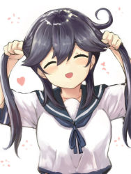 Rule 34 | 10s, 1girl, :d, ^ ^, ahoge, bad id, bad pixiv id, black hair, blush, breasts, bunching hair, closed eyes, engiyoshi, tucking hair, heart, kantai collection, long hair, open mouth, playing with own hair, school uniform, serafuku, shirt, short sleeves, simple background, smile, solo, twintails, ushio (kancolle), white background, white shirt
