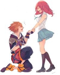 Rule 34 | 1boy, 1girl, :d, bare arms, bare shoulders, black footwear, black gloves, black socks, blue neckwear, blue skirt, breasts, brown hair, chain, chain necklace, closed eyes, fingerless gloves, full body, gloves, highres, holding hands, jewelry, kairi (kingdom hearts), kingdom hearts, kingdom hearts ii, kneehighs, medium breasts, medium hair, miniskirt, motu0505, necklace, necktie, on one knee, open clothes, open mouth, pleated skirt, red hair, school uniform, shirt, shoes, short hair, shoulder pads, sideways mouth, simple background, skirt, sleeveless, sleeveless shirt, smile, socks, sora (kingdom hearts), sparkle, standing, teeth, twitter username, unzipped, white background, white shirt