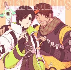 Rule 34 | 2boys, apex legends, armor, black gloves, black hair, black shirt, bodysuit, chest armor, closed mouth, coat, copyright name, crypto (apex legends), dbox 2525, facial hair, finger heart, fingerless gloves, gloves, highres, jewelry, male focus, mirage (apex legends), multiple boys, necklace, open clothes, open coat, open mouth, partially fingerless gloves, scar, scar on face, scar on nose, shirt, short hair, smile, upper body, white coat, yellow bodysuit