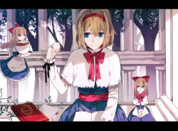 Rule 34 | 1girl, alice (alice in wonderland), alice margatroid, apron, bad id, bad pixiv id, blonde hair, blue dress, blue eyes, book, bow, capelet, cup, dress, grimoire, grimoire of alice, hair bow, hairband, jewelry, letterboxed, long hair, long sleeves, puppet rings, puppet strings, red medicine, ring, sash, shanghai doll, sitting, smile, teacup, touhou, tree, very long hair, waist apron