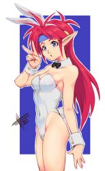 Rule 34 | 1girl, artist name, blue eyes, breasts, cleavage, covered navel, elf, headband, legs, leotard, long hair, looking at viewer, mateus upd, medium breasts, open mouth, playboy bunny, pointy ears, popful mail, popful mail (character), rabbit ears, rabbit tail, red hair, thighs, v