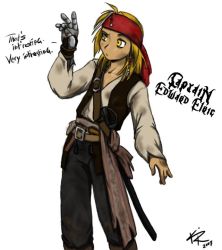 Rule 34 | 1boy, cosplay, edward elric, english text, fullmetal alchemist, headband, jack sparrow, jack sparrow (cosplay), male focus, parody, pirate, signature, solo