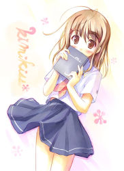Rule 34 | 1girl, blue skirt, blush, book, bow, bowtie, brown eyes, brown hair, checkered bow, checkered bowtie, checkered clothes, cover, cover page, covered mouth, hoshino yuumi, kimi kiss, long hair, looking at viewer, miniskirt, red bow, red bowtie, school uniform, serafuku, shirt, skirt, solo, takoyaki (roast), white shirt