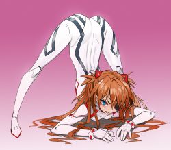 Rule 34 | 1girl, absurdres, arm rest, ass, blonde hair, blue eyes, blush, bodysuit, breasts, curvy, evangelion: 3.0+1.0 thrice upon a time, flexible, full body, gradient background, hair ornament, hairpods, hands on ground, highres, interface headset, jack-o&#039; challenge, kiritzugu, long hair, looking at viewer, medium breasts, meme, neon genesis evangelion, open mouth, orange hair, plugsuit, rebuild of evangelion, shiny clothes, skin tight, solo, souryuu asuka langley, spread legs, stretching, top-down bottom-up, tsundere, very long hair, white bodysuit, wide spread legs
