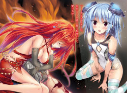 Rule 34 | 1boy, 2girls, aqua thighhighs, between legs, black gloves, blood, blue hair, blush, breasts, cleavage, closed eyes, closed mouth, collarbone, dress, dutch angle, elbow gloves, fire, gloves, hair between eyes, hand between legs, headgear, highres, injury, jewelry, jpeg artifacts, lap pillow, large breasts, long hair, lying, multiple girls, non-web source, novel illustration, official art, on back, open mouth, oryo (oryo04), purple eyes, red dress, revealing clothes, sanzensekai no raisner, school swimsuit, scrape, silver hair, sitting, small breasts, striped clothes, striped legwear, striped thighhighs, sweatdrop, swimsuit, thighhighs, torn clothes, torn legwear, torn swimsuit, very long hair, wariza, white legwear
