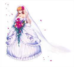 Rule 34 | 1girl, amulet, artist request, bare shoulders, blush, bouquet, breasts, cleavage, collarbone, dress, earrings, falling petals, final gear, flower, frills, full body, gathers, gloves, hair flower, hair ornament, half updo, high ponytail, highres, holding, holding bouquet, jewelry, long hair, marma (final gear), necklace, off-shoulder dress, off shoulder, official art, orange flower, orange hair, orange rose, petals, pink flower, pink petals, pink rose, ponytail, purple eyes, purple flower, purple rose, red flower, red rose, rose, sidelocks, simple background, single earring, single sidelock, smile, solo, tachi-e, third-party source, transparent background, very long hair, very long sidelocks, wavy hair, wedding dress, white dress, white flower, white gloves, white veil
