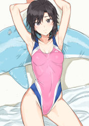 Rule 34 | 1girl, armpits, black hair, breasts, brown eyes, collarbone, competition swimsuit, cowboy shot, dolphin, highres, idolmaster, idolmaster (classic), idolmaster 2, inflatable dolphin, inflatable toy, kikuchi makoto, looking at viewer, lying, one-piece swimsuit, pink one-piece swimsuit, short hair, simple background, small breasts, solo, swimsuit, tsurui, white background