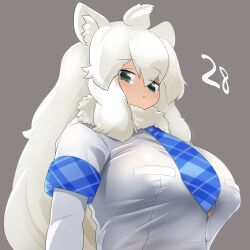 Rule 34 | 1girl, ahoge, animal ear fluff, animal ears, blue necktie, blush, breasts, button gap, commentary request, elbow gloves, gloves, grey background, grey eyes, hair between eyes, highres, kemono friends, large breasts, lets0020, lion ears, lion girl, long hair, looking at viewer, medium bangs, necktie, numbered, open mouth, plaid necktie, shirt, short sleeves, simple background, solo, upper body, very long hair, white gloves, white hair, white lion (kemono friends), white shirt