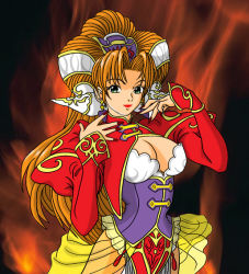 Rule 34 | 1girl, bad id, bad pixiv id, breasts, cleavage, corset, derivative work, earrings, game arts, grandia, grandia ii, green eyes, hair ornament, jewelry, large breasts, lipstick, long hair, makeup, millenia (grandia), nail polish, official art, ovama, red nails, see-through, skirt, solo