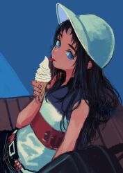 Rule 34 | 1girl, backpack, bad id, bad twitter id, bag, bench, black hair, female focus, food, hat, holding, holding food, ice cream, ice cream cone, kaneni, licking, long hair, original, shirt, sitting, solo, tongue, tongue out, unworn backpack, unworn bag, white hat