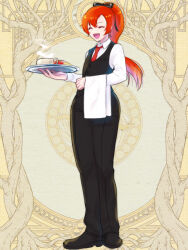 Rule 34 | 1girl, :d, aizawa (nh st), black bow, black footwear, black pants, black vest, bow, closed eyes, cup, dairoku ryouhei, full body, hair bow, holding, holding plate, long hair, long sleeves, mug, necktie, open mouth, pants, plate, red hair, red necktie, scotty dotyard, smile, solo, standing, steam, towel, towel on arm, vest, waitress, yellow background