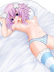 Rule 34 | 10s, 1girl, blush, convenient censoring, d-pad, ex idol, hair ornament, looking at viewer, lying, navel, neptune (neptunia), neptune (series), on back, open mouth, panties, purple eyes, purple hair, short hair, solo, striped clothes, striped panties, striped thighhighs, thighhighs, topless, underwear, underwear only