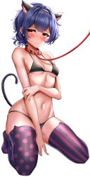 Rule 34 | 1girl, absurdres, animal ears, asymmetrical legwear, black thighhighs, blue hair, blush, breasts, cat ears, cat tail, closed mouth, collar, fake animal ears, fake tail, highres, idolmaster, idolmaster shiny colors, landel, leash, looking to the side, medium breasts, mismatched legwear, morino rinze, navel, pet play, polka dot, polka dot legwear, red collar, red eyes, short hair, simple background, sitting, solo, stomach, striped clothes, striped thighhighs, tail, thighhighs, vertical-striped clothes, vertical-striped thighhighs, wariza, white background