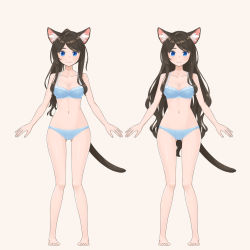 Rule 34 | 1girl, aina (mao lian), animal ear fluff, animal ears, bare arms, bare legs, bare shoulders, barefoot, blue bra, blue eyes, blue panties, bra, breasts, brown hair, cat ears, cat tail, gluteal fold, highres, long hair, looking at viewer, mao lian (nekokao), medium breasts, multiple views, navel, original, panties, ponytail, simple background, smile, tail, underwear, underwear only, white background