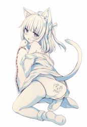 Rule 34 | 1girl, ahoge, animal ear fluff, animal ears, animal print, ass, back-print panties, bare shoulders, bear panties, bear print, bobby socks, cat ears, cat girl, cat tail, clothes writing, commentary request, full body, greyscale, hair ribbon, hand up, highres, japanese clothes, kimono, long sleeves, monochrome, no shoes, off shoulder, open clothes, open kimono, original, panties, print panties, ribbon, romaji text, sakuraba hikaru (loveindog), simple background, socks, soles, solo, sugimura runa, tail, tail raised, text on panties, two side up, underwear, white background, wide sleeves