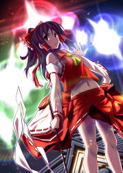 Rule 34 | 1girl, architecture, ascot, bare legs, black hair, blouse, bow, commentary request, detached sleeves, diffraction spikes, east asian architecture, from below, frown, glowing, gohei, hair bow, hair tubes, hakurei reimu, kikunosukemaru, long hair, midriff, miniskirt, navel, outdoors, ponytail, red bow, red eyes, red shirt, red skirt, ribbon-trimmed skirt, ribbon-trimmed sleeves, ribbon trim, sarashi, serious, shide, shirt, shrine, skirt, skirt set, sleeveless, sleeveless shirt, solo, sparkle, standing, touhou, v-shaped eyebrows, vest, yellow ascot