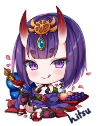 Rule 34 | 1girl, alcohol, bare shoulders, blush, chibi, closed mouth, commentary, cup, fate/grand order, fate (series), food, fruit, full body, gourd, grapes, headpiece, hitsukuya, holding, holding cup, horns, japanese clothes, kimono, licking lips, long sleeves, looking at viewer, obi, off shoulder, oni, peach, petals, purple eyes, purple hair, purple kimono, sakazuki, sake, sash, short eyebrows, short hair, shuten douji (fate), signature, simple background, skin-covered horns, smile, solo, stirrup legwear, symbol-only commentary, thick eyebrows, toeless legwear, tongue, tongue out, white background, wide sleeves