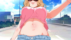 Rule 34 | 1girl, bag, blonde hair, blush, breasts, brown-tinted eyewear, day, engawa suguru, female focus, from below, hand up, handbag, highres, hitchhiking, house, large breasts, legs, long hair, midriff, mole, mole under mouth, navel, open mouth, original, outdoors, road, roshutsudo no takai hitchhike gal wo..., short shorts, shorts, sign, sky, solo, standing, sunglasses, thighs, thumbs up, tinted eyewear, tree, upper body