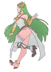 Rule 34 | 1girl, bare shoulders, breasts, cleavage, drawing, dress, full body, green eyes, green hair, highres, jewelry, kevvv, kid icarus, large breasts, legs, long hair, looking at viewer, nintendo, no bra, no panties, palutena, simple background, single thighhigh, smile, solo, super smash bros., thighhighs, thighs, tiara, very long hair, white background