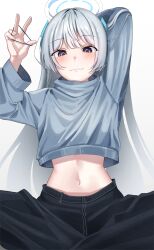 Rule 34 | 1girl, absurdres, arm behind head, black pants, blue archive, blue shirt, blush, closed mouth, gradient background, grey hair, halo, highres, long hair, long sleeves, looking at viewer, mechanical halo, navel, noa (blue archive), nyong sang, pants, purple eyes, shirt, solo, very long hair