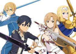 Rule 34 | 2boys, 2girls, alice zuberg, armor, armored dress, asuna (stacia), black eyes, black hair, black jacket, blonde hair, blue cape, blue eyes, blue jacket, blue rose sword, bow, braid, breasts, brown eyes, brown hair, cape, cleaned, cleavage, closed mouth, clothing cutout, collared jacket, eugeo, faulds, french braid, gauntlets, gold armor, green eyes, hair between eyes, hair intakes, hair ornament, hairband, highres, holding, holding sword, holding weapon, jacket, jewelry, kirito, long hair, long sleeves, looking at viewer, medium breasts, multiple boys, multiple girls, official art, osmanthus blade, parted lips, pauldrons, red bow, ring, school uniform, short hair, shoulder armor, shoulder cutout, simple background, smile, sword, sword art online, sword art online: alicization, sword mastery academy school uniform, v-shaped eyebrows, very long hair, weapon, white armor, white background, white hairband, wing collar, wrist cuffs