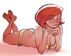 Rule 34 | 1girl, ann possible, ass, barefoot, bikini, blue eyes, breasts, butt crack, cleavage, disney, female focus, kim possible (series), lips, lying, mature female, on stomach, orange hair, ramb chop, red hair, short hair, solo, swimsuit, the pose