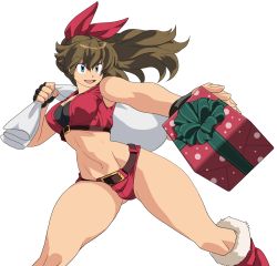 Rule 34 | 1girl, absurdres, alternate costume, arm behind head, arm up, belt, blue eyes, boots, bow, bra, breasts, brown hair, christmas, cleavage, cropped jacket, fingerless gloves, gift, gloves, gluteal fold, hair bow, happy birthday, hat, highres, long hair, m.u.g.e.n, medium breasts, merry christmas, midriff, navel, oggy (oggyoggy), open mouth, original, ponytail, red bow, ryuko (oggyoggy), sack, santa costume, santa hat, shorts, solo, strapless, strapless bra, thighs, transparent background, underwear