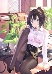 Rule 34 | 1girl, absurdres, ahoge, arm at side, arm support, black footwear, black hair, black panties, black pantyhose, blue eyes, blush, bow, bow panties, breasts, buttons, chair, closed mouth, collarbone, collared shirt, corded phone, day, desk, dress shirt, fingernails, flower pot, hand on own knee, head tilt, high heels, highres, indoors, knee up, long sleeves, looking at viewer, medium breasts, miniskirt, office, office chair, office lady, original, panties, panties over pantyhose, pantyhose, papers, pen, pencil skirt, phone, plant, ponytail, potted plant, poxiaodefeng, shirt, short hair, sidelocks, sitting, skirt, solo, swivel chair, thighband pantyhose, underwear, white shirt, wing collar