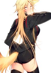 Rule 34 | 1girl, animal ears, ass, black shorts, black thighhighs, blonde hair, blush, breasts, clothes lift, cowboy shot, fox ears, fox girl, fox tail, from behind, genderswap, genderswap (mtf), izumi kouhei, large breasts, long hair, long sleeves, looking back, pepper fever, shirt lift, shorts, simple background, solo, tail, thighhighs, tight clothes, very long hair, white background, world trigger, yellow eyes