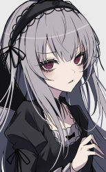 1girl black_hairband black_ribbon black_wings commentary detached_collar eyelashes gothic_lolita grey_hair hairband hand_up highres lolita_fashion lolita_hairband long_hair lsqrak neck_ribbon open_mouth purple_eyes ribbon rozen_maiden simple_background sleeve_ribbon solo suigintou white_background wings