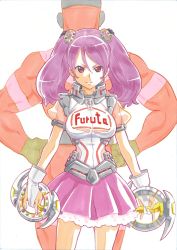 Rule 34 | 1boy, 1girl, adapted costume, back-to-back, bodysuit, candy hair ornament, food-themed hair ornament, furuta (company), furutaman, furutan, hair ornament, hands on own hips, highres, itaoka1, mascot, pink eyes, pink hair, pink skirt, see-through, serious, short sleeves, simple background, skirt, twintails, white background