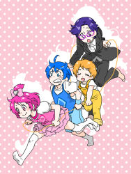 Rule 34 | 2boys, 2girls, :d, blue eyes, blue hair, bow, child, chimu (chimoon), clenched teeth, davi (dokidoki! precure), db (dokidoki! precure), dokidoki! precure, closed eyes, formal, glasses, multiple boys, multiple girls, open mouth, orange hair, pant suit, pants, personification, pink bow, pink eyes, pink hair, polka dot, polka dot background, precure, purple eyes, purple hair, rakeru (dokidoki! precure), rakeru (dokidoki! precure) (human), rance (dokidoki! precure), rance (dokidoki! precure) (human), running, shadow, sharuru (dokidoki! precure), sharuru (dokidoki! precure) (human), short hair, smile, suit, tears, teeth