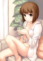 Rule 34 | 00s, 1girl, blush, bob cut, bottomless, breasts, brown eyes, brown hair, couch, cup, curtains, hagiwara yukiho, highres, idolmaster, idolmaster (classic), long legs, naked shirt, open clothes, open shirt, plant, shirt, short hair, sitting, sleeves pushed up, smile, solo, tanaka shoutarou