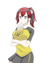 Rule 34 | absurdres, aiba ami, blue eyes, digimon, drinking, highres, red hair, simple background, skirt, white background