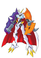 Rule 34 | armor, bandai, cape, digimon, fangs, full armor, horns, no humans, omegamon, royal knights, simple background, solo
