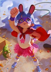Rule 34 | 1girl, alkemanubis, animal, animal ears, arm up, autumn leaves, bandaid, bandaid on arm, blue footwear, blue hair, cape, cat, chalk, fake animal ears, flat chest, hand on own hip, heart, highres, hose, jump rope, leaf, leg warmers, long hair, open mouth, pantyhose, pavement, pink skirt, print shirt, puddle, purple mask, purple pantyhose, rabbit ears, red cape, shirt, shoes, skateboard, skirt, smile, smiley face, sneakers, sound effects, standing, star (symbol), star print, striped clothes, striped pantyhose, superhero costume, tank top, teeth, tutu, white shirt, wristband