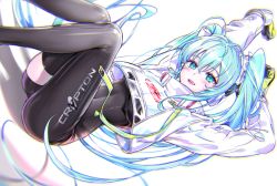 Rule 34 | 1girl, absurdres, aqua eyes, aqua hair, arms up, asymmetrical bodysuit, bad id, bad pixiv id, black bodysuit, black gloves, black thighhighs, blush, bodysuit, breasts, covered navel, crop top, crop top overhang, cropped jacket, crypton future media, flag, flagpole, gloves, goodsmile racing, green gloves, hair between eyes, hairpods, hatsune miku, highres, holding, holding flag, jacket, linea alba, long hair, long sleeves, looking at viewer, medium breasts, open mouth, puffy long sleeves, puffy sleeves, racing miku, racing miku (2022), shrug (clothing), sidelocks, single thighhigh, solo, text print, thighhighs, tj (yzrs4437), twintails, two-tone gloves, underboob, very long hair, vocaloid, white background, white jacket