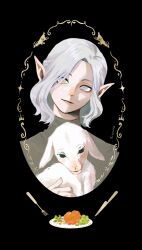 Rule 34 | 1boy, animal, black background, border, commentary, dungeon meshi, elf, english commentary, food, fork, goat (dungeon meshi), grey eyes, grey hair, hair over one eye, head tilt, highres, inset border, knife, lamb, light smile, long sleeves, looking at viewer, male focus, mithrun, ornate border, plate, pointy ears, portrait, sheep, short hair, simple background, solo, straight-on, wavy hair, xiaoarts