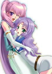 Rule 34 | 2girls, :o, ;d, aqua eyes, aqua gloves, armlet, armor, belt, bent over, breast press, breast smother, breasts, circlet, cleric, dress, elbow gloves, face to breasts, female focus, fire emblem, fire emblem: the blazing blade, florina (fire emblem), gloves, green eyes, hug, jewelry, legs, long hair, looking at another, looking back, multiple girls, nintendo, one eye closed, open mouth, pegasus knight uniform (fire emblem), pink hair, purple eyes, purple hair, scarf, serra (fire emblem), sleeveless, sleeveless dress, smile, twintails, umehime, white dress, white gloves, wink, yuri